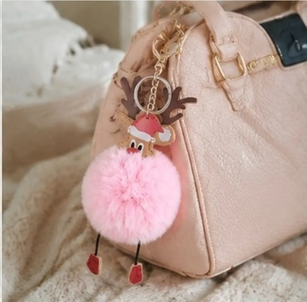 Cartoon Elk Keychain Light Pink Pom Pom Ball Bag Phone Hanging Pendant Glossy Metal Ring Accessory For Women Girls