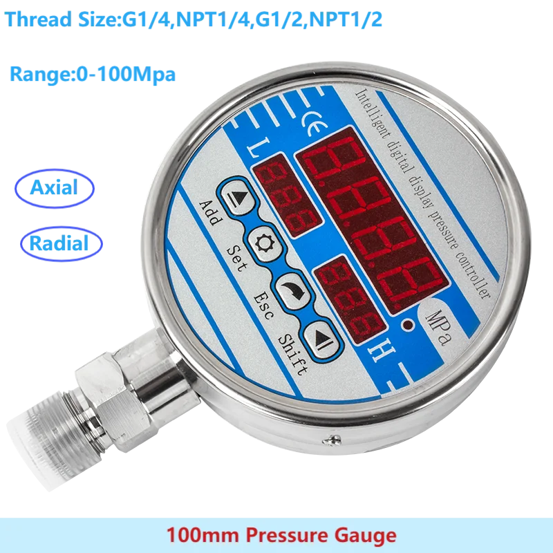 

Gas/Air/Fuel/Water Intelligent Pressure Monameter M20*1.5 G1/2 Thread 100mm Dial Digital Pressure Gauge 10Mpa/25Mpa/50Mpa