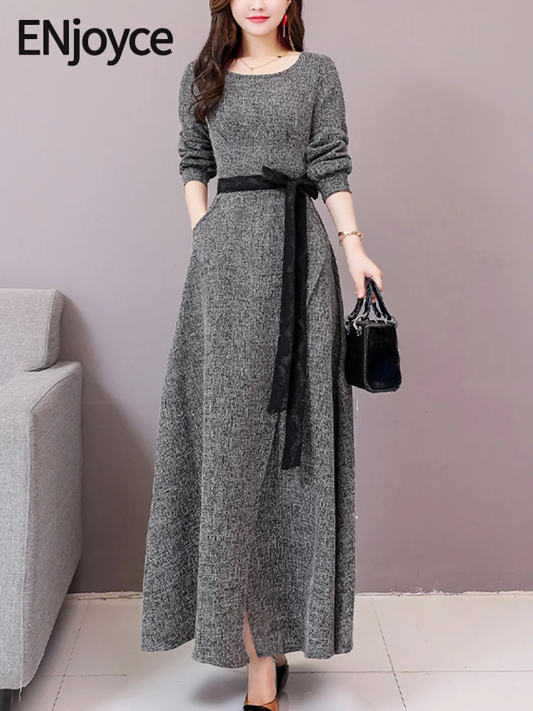 

ENjoyce Autumn Winter Women Vintage Grey Long Sleeve Bodycon Dress Ladies Korean Fashion Slim High Waist Round Neck Long Dresses