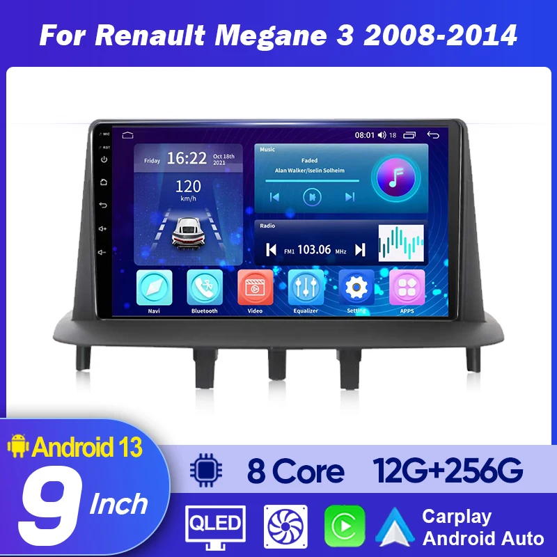 Rádio de Carro QSZN 8 Núcleos Android 13 para Renault Megane 3 Fluence Samsung SM3 2008 - 2014, Reprodutor de Vídeo Multimídia com Carplay e Navegação