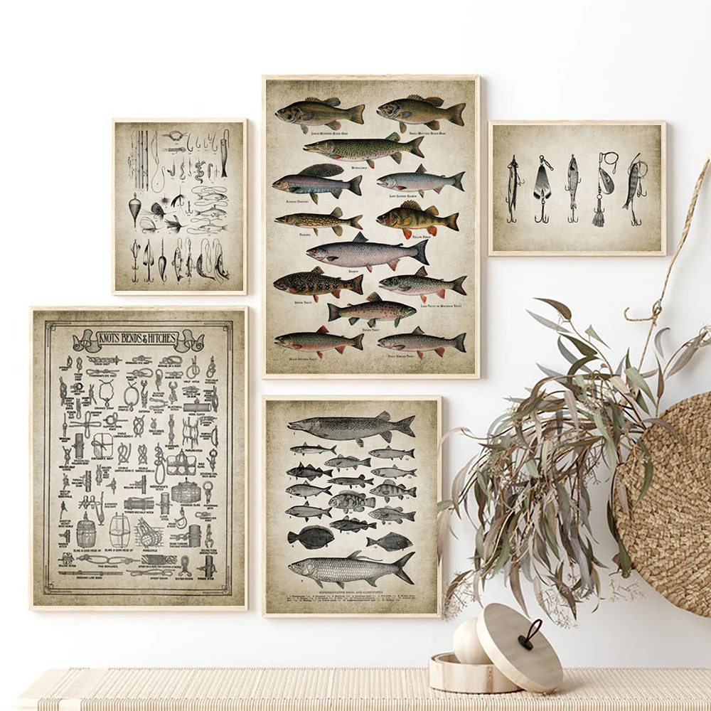 Vintage Breeds Of Fish Print Fishing Angling Freshwater Fish Poster Fisherman Gifts Lake House Wall Art Canvas Painting Decor