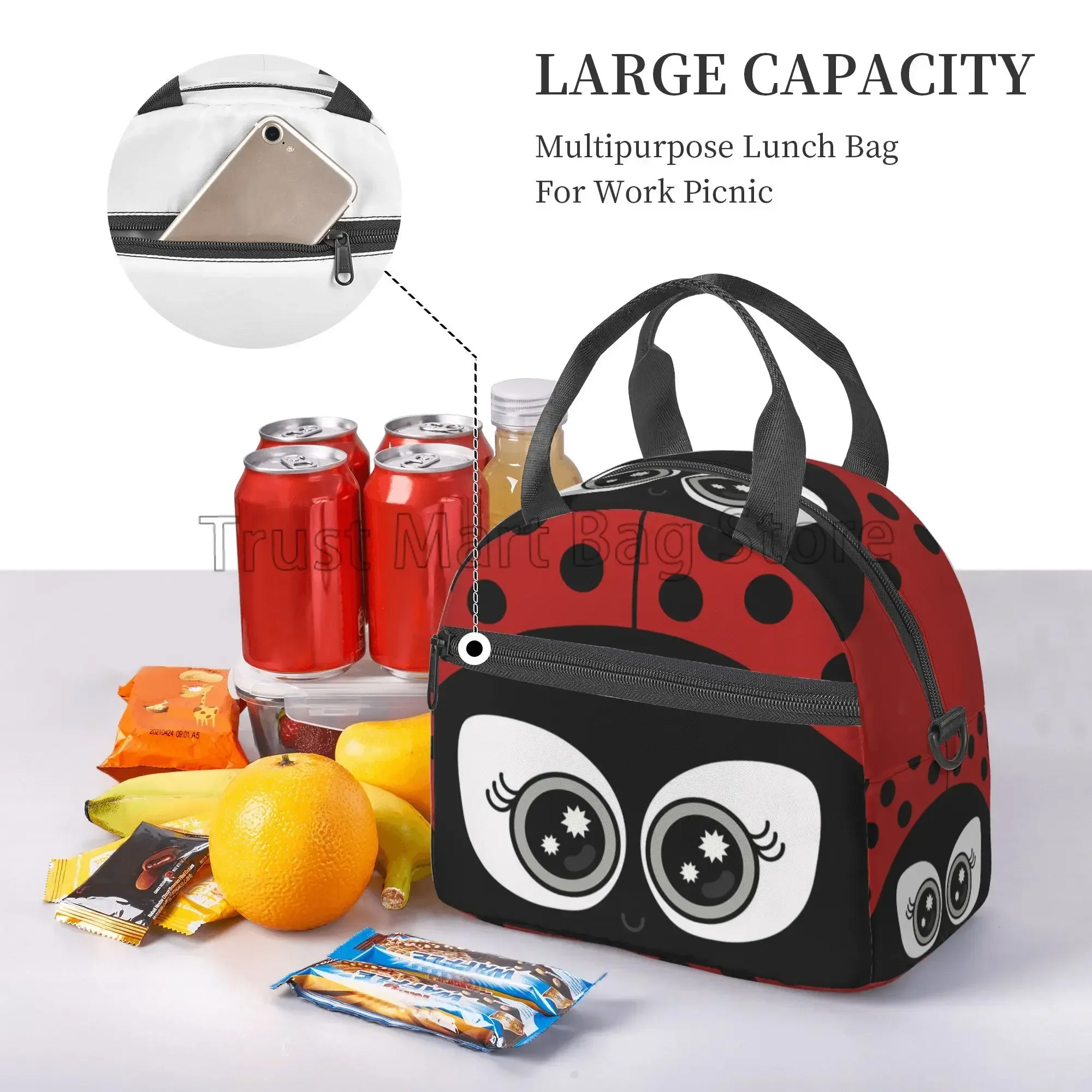 Cute Cartoon Ladybug Insulated Lunch Bags for Children Women School Work Picnic Reusable Portable Thermal Bento Box with Strap