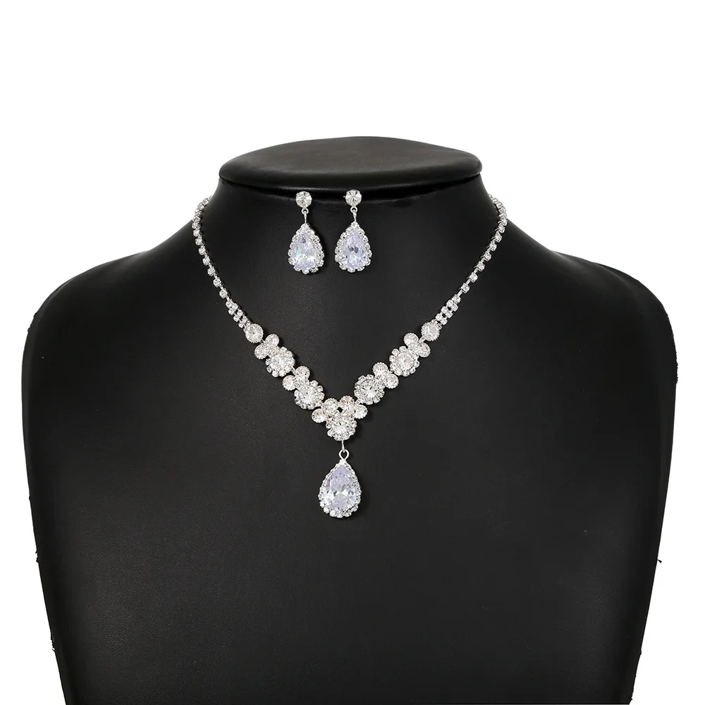 

Simple rhinestone water drop pendant necklace bridal set flower flash diamon jewelry necklace set