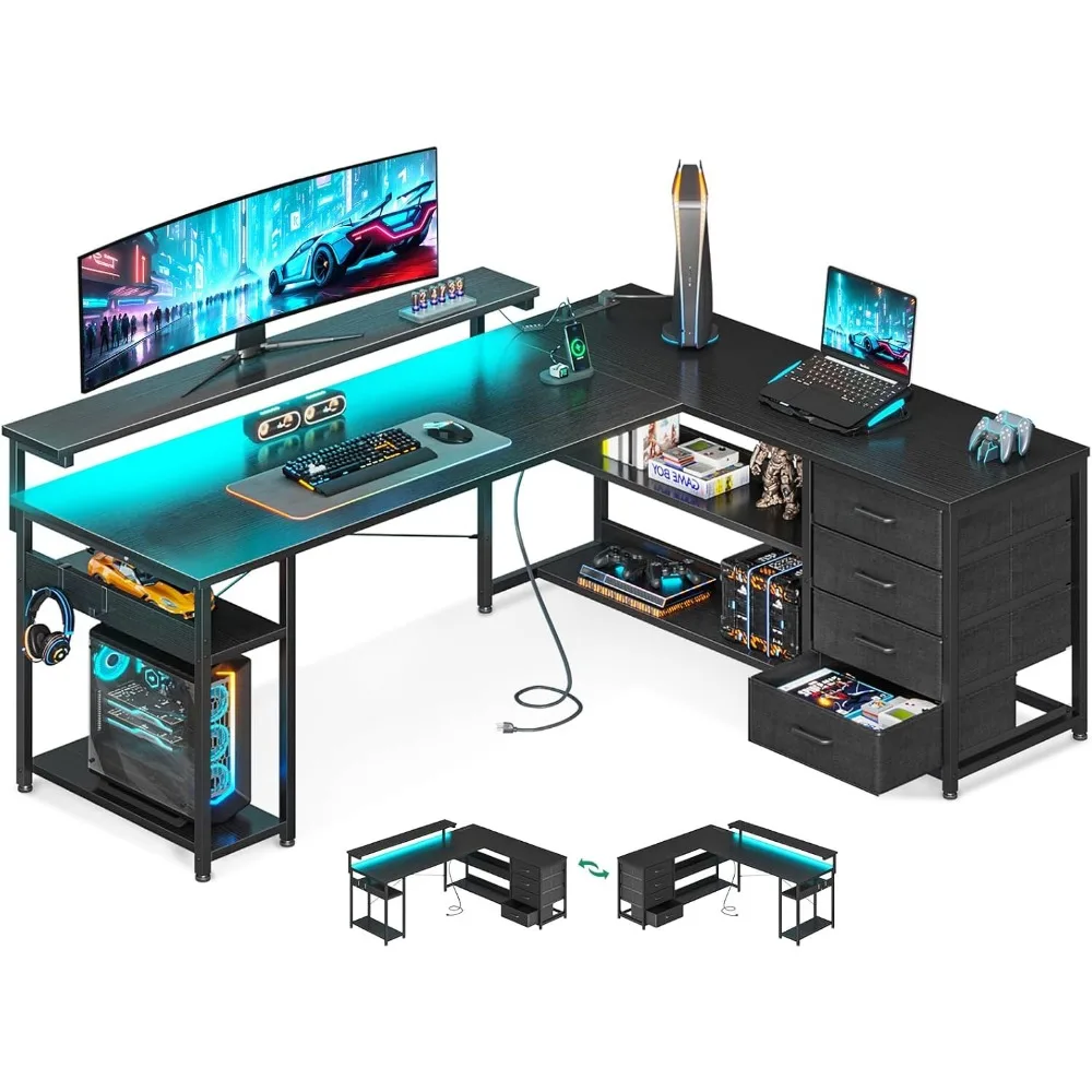 Scrivania per computer a forma di L con cassetto, prese di corrente, luci a LED e ripiano per monitor. per l'home office. Scrivania da gioco angolare reversibile