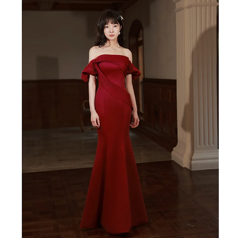 Yourqipao Summer One-shoulder Toast Dress Bride Wine Red Wedding Engagement Chinese Style Evening Dress Mermaid Dress for Women