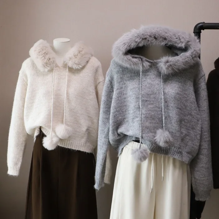 

Autumn Winter New Sle Women's Loose Fit Hooded Knitwear with Fur Collar Slimming ort Size Small Premium Feeling Anti-Aging