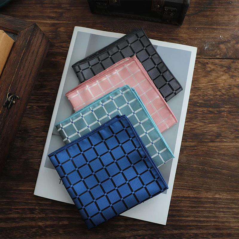 24cm New Trendy Pink Plaid Pocket Square Retro Brown For Men Luxury Polyester Woven Handkerchief Wedding Accessories Cravat Gift