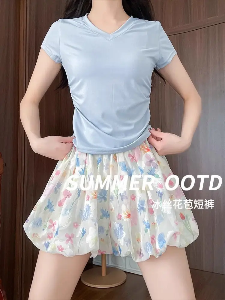 Ice Silk Colored Flower Bud Shorts For Women In Summer Thin 2025 New High Waist Wear Wide-Leg Small Casual Skirt Pants