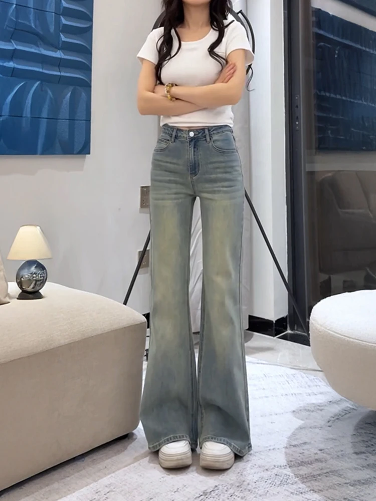 Retro Faded Bell Bottom Jeans Women's New plus Size Loose Slimming Pear Shaped Body High Waist Cotton Stretch Denim Jeans