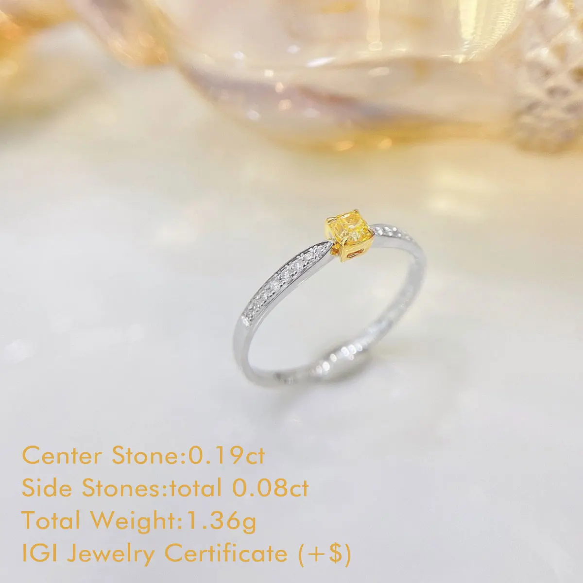 18K White Gold Sidestone Yellow Diamond Ring Cushion Cut Natural Diamond Ring Tapered Shank Mined Diamond Ring For Women Gift