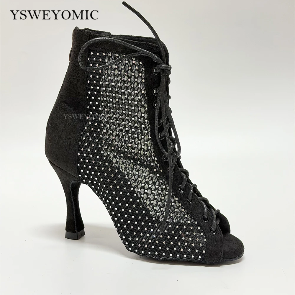 Rhinestones Dance Booties Khaki Black Suede Sole Latin Salsa Dance Shoes Women Soft Insole Cutsomized Heel 6cm 9cm Dance Sandel
