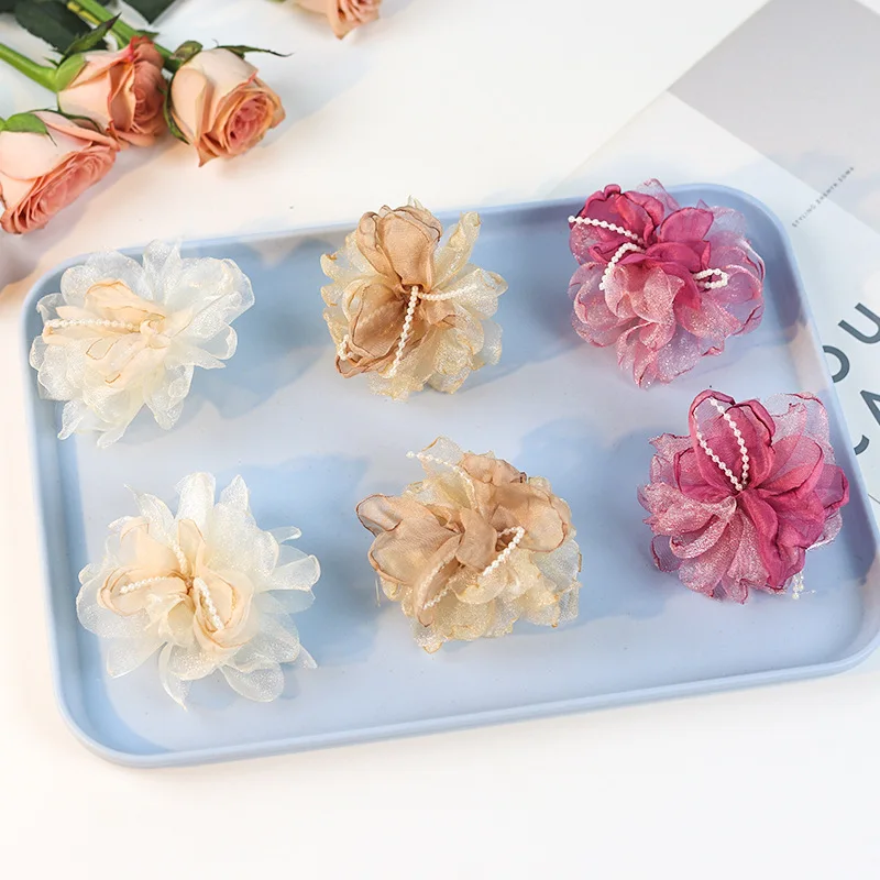 Fairy organza Flower Bud Wholesale 8CM Mixed Colros Pearls Floppy Flower Head DIY Hairpin Girls Show Party DIY Flower Headpiece