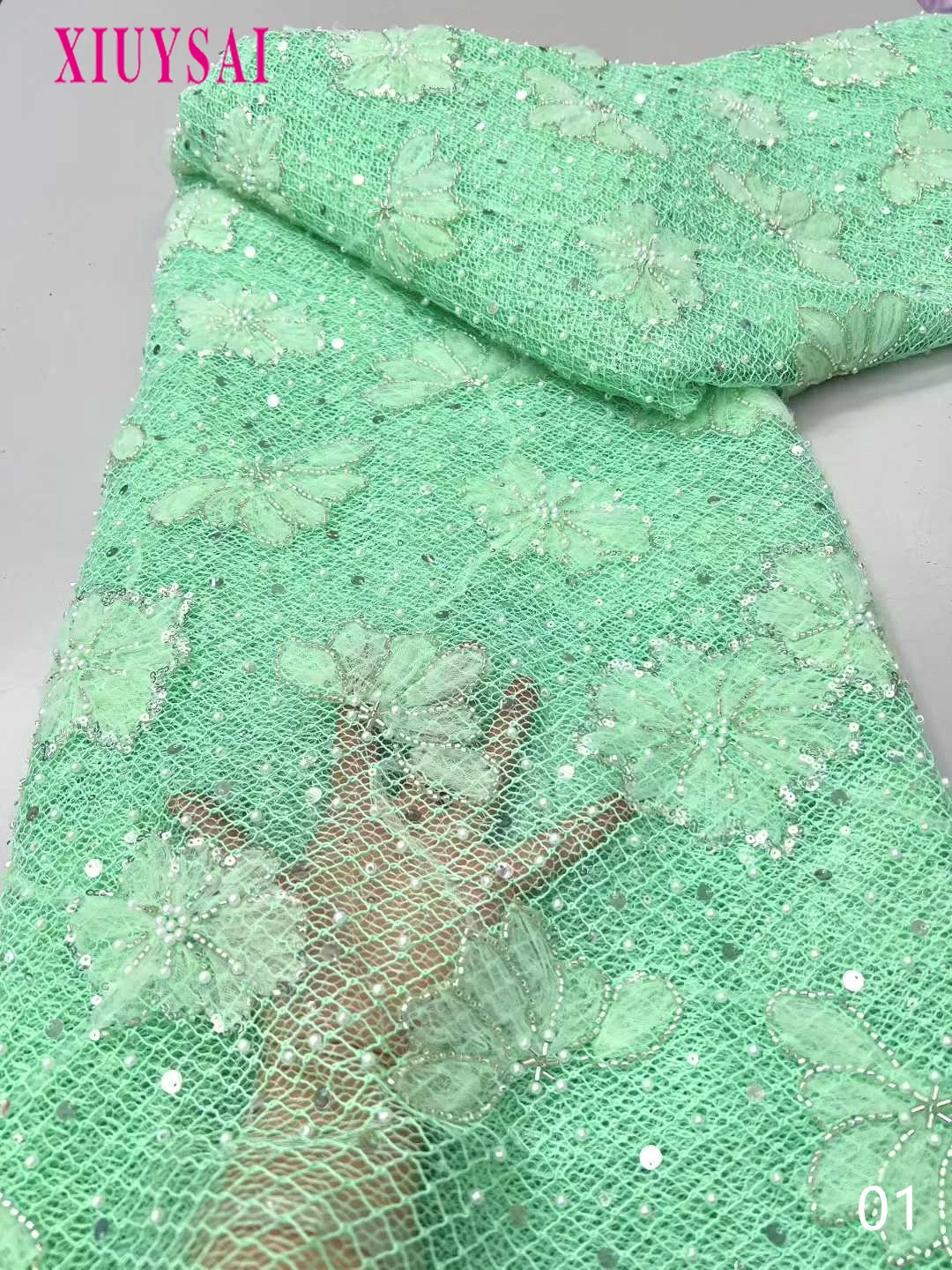 

African Mesh Lace Fabric With Sequins 2025 High Quality French Beads Tulle Lace Fabric for Women Dresses Material Sewing