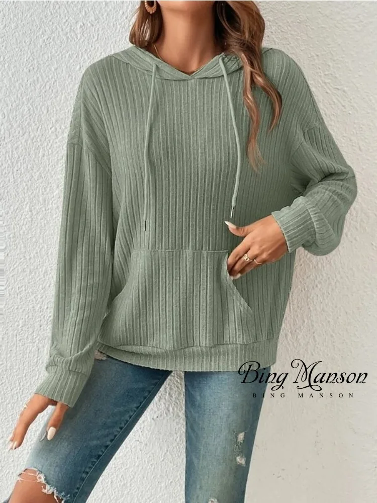 

2023 Autumn Women's New Fashion Popular Long Sleeve Round Neck Sweater Hooded Kangaroo Pocket Casual Street Solid Color Sweater