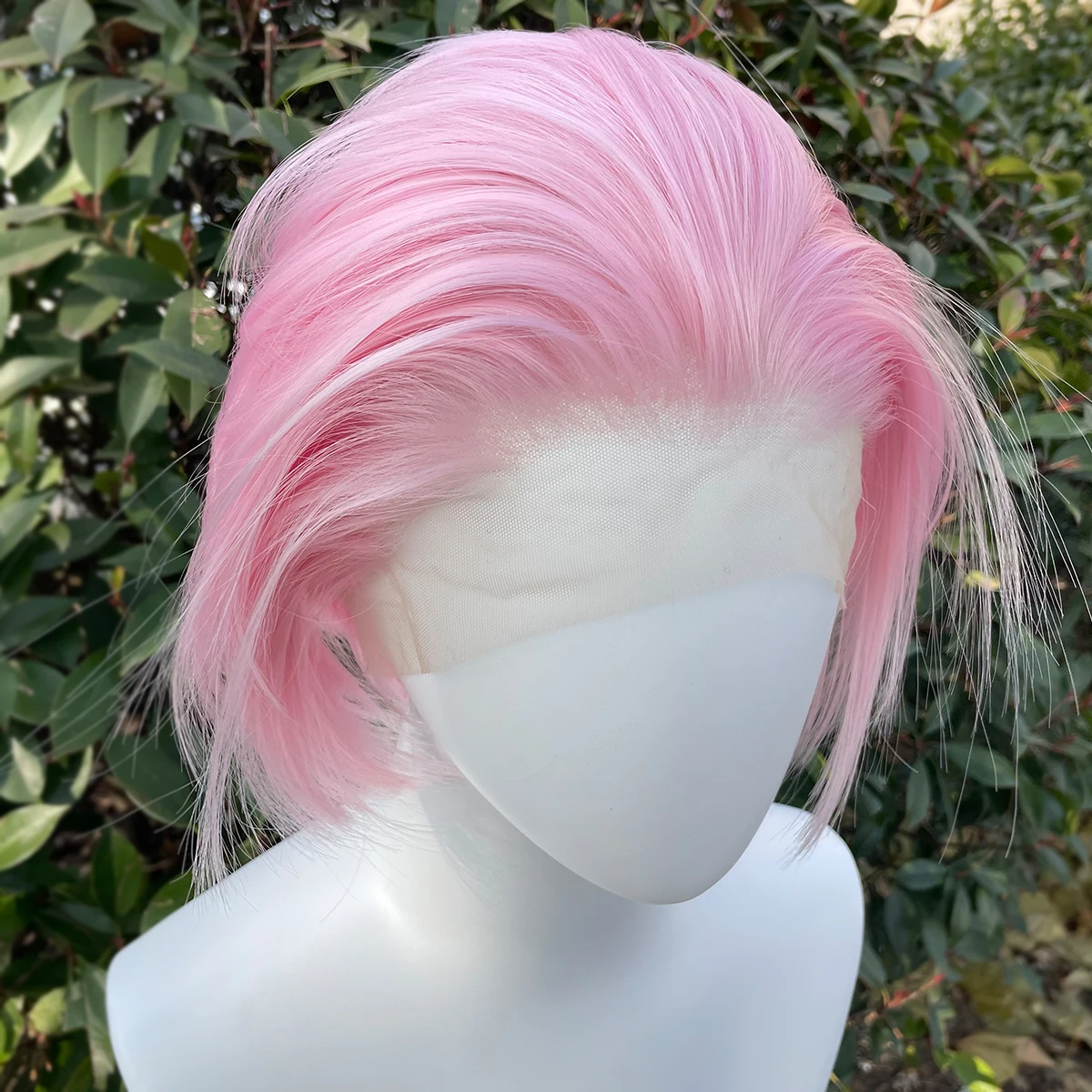 Rosa claro corte Bob corto para mujeres Cosplay 13x4 pelucas delanteras de encaje para hombres pelo sintético sin pegamento resistente al calor parte libre 150%