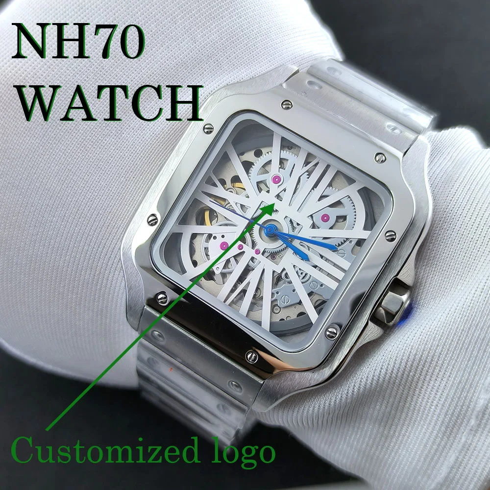 NH70 Watch Men's Square Dial Hollowed Out Roma Dial Watch Case Customized Folding Buckle Square Case Fit NH70 Movement