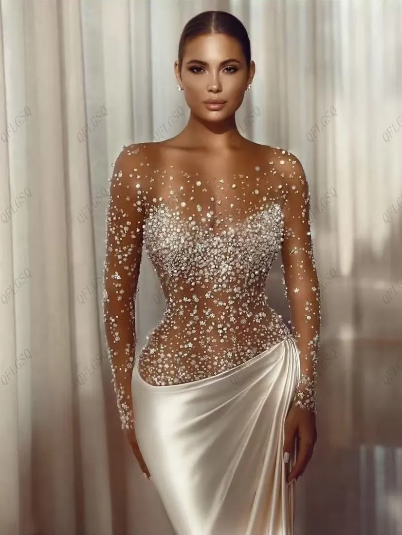 ชุดราตรีงานพรอมประดับลูกปัดแบบไฮคูตูร์ สีไอวอรี่ แขนยาว ชุดแต่งงาน ชุดงานเลี้ยง ผ้าซาติน ยาว โปร่งแสง ชุดเดรสออกงานสำหรับผู้หญิง