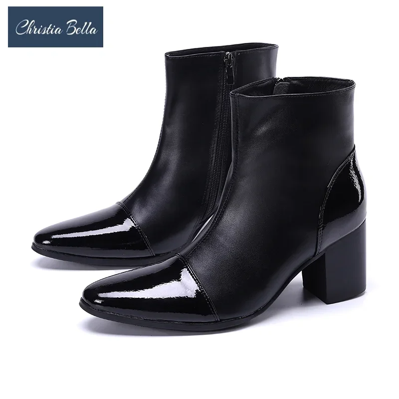 Fashion Patchwork Pointed Toe Men Short Boots Plus Size High Heels Business Formal Party Wedding Dress Boots Real Leather Boots