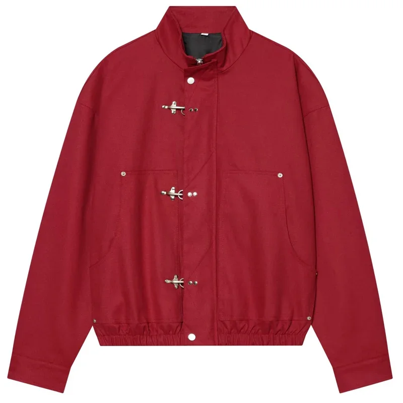 HXAO Unisex Rote Oversize-Jacke Damen-Bomberjacke Mittel-Saison 2026 Crop-Schnallen-Design Lockerer Langarm-Oberteil Modischer Streetwear-Mantel – Detail 4