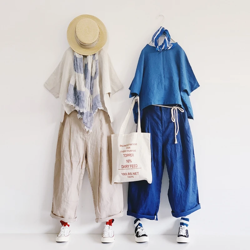 

High Waist Wide Leg Pants Blue Dyeing Pure Linen Raindrop Hemp Loose 9 Length Casual Trousers for Women Original Design