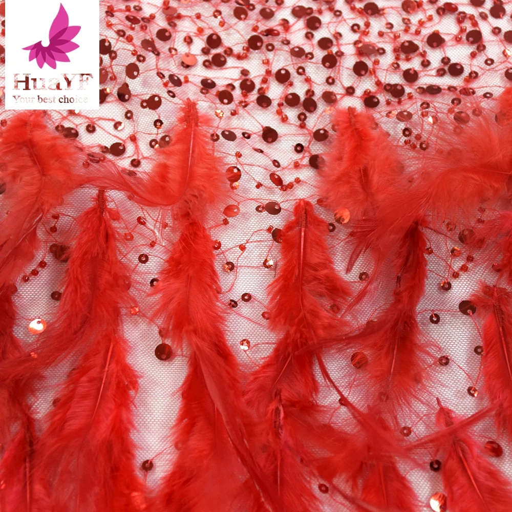 Fashion High-end Red Feather Tulle Lace Shiny Crystal Sequins Net Embroidery Beads Fabric For 1 Yard HY1339