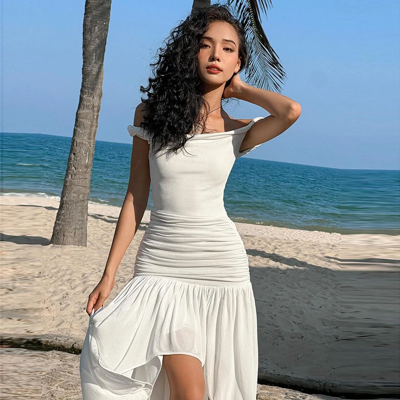 

Lygens Off The Shoudler Ruched Ruffles Elegant Women'S Dresses Summer Casual Clothing 2024 Beachwear Y2K Streetwear Wholesale