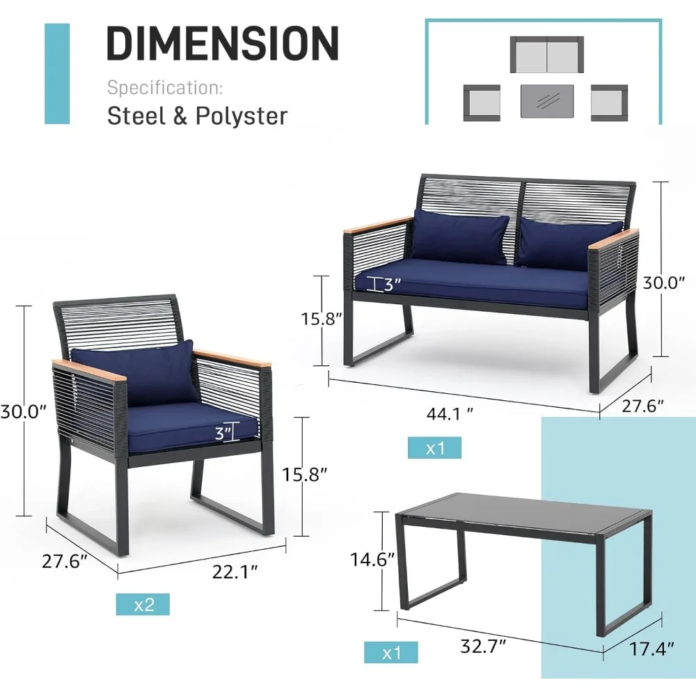 4 Piece Patio Furniture Set, Outdoor Wicker Bistro Set, All-Weather Black PE Rattan Conversation Set w/Coffee Table, L