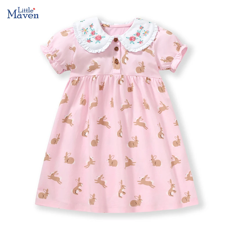 Little maven 2023 Baby Girls Summer Pink Dress Lovely Cartoon Rabbit  Short Sleeves Clothes Cotton Comfort for Kids 2 to 7 years