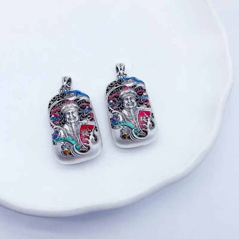 قلادة مجوهرات مزدوجة الجوانب ، قلادة مجوفة ، إله الثروة الكلاسيكي الملون ، مينا الفضة ، الطراز الصيني