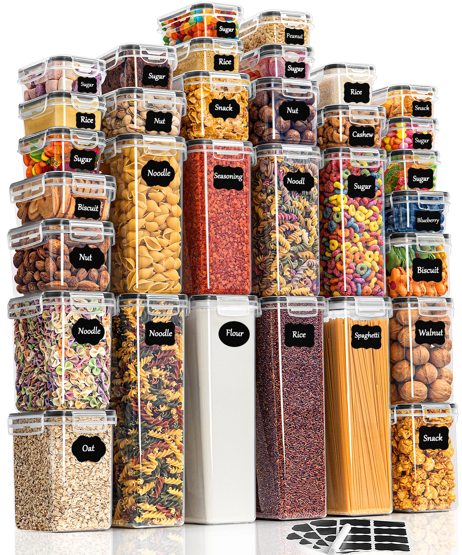 Boîtes de Conservation Alimentaire Lot de 32 Hermétiques avec Couvercles – Rangement Garde-Manger Empilable, Sans BPA, pour Céréales, Farine, Riz, Pâtes – Étiquettes & Feutre Inclus (32,28 L)