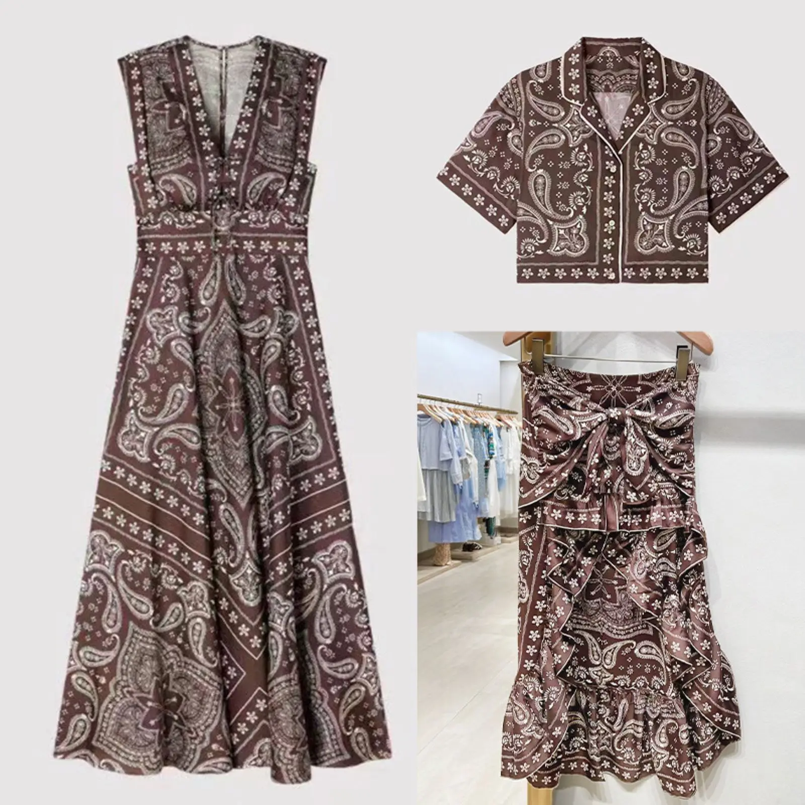 

Spring/Summer Women Paisley Print Set Short Sleeve Shirt + High Waist A-line Midi Skirt + V-Neck Sleeveless Fashion Maxi Dress