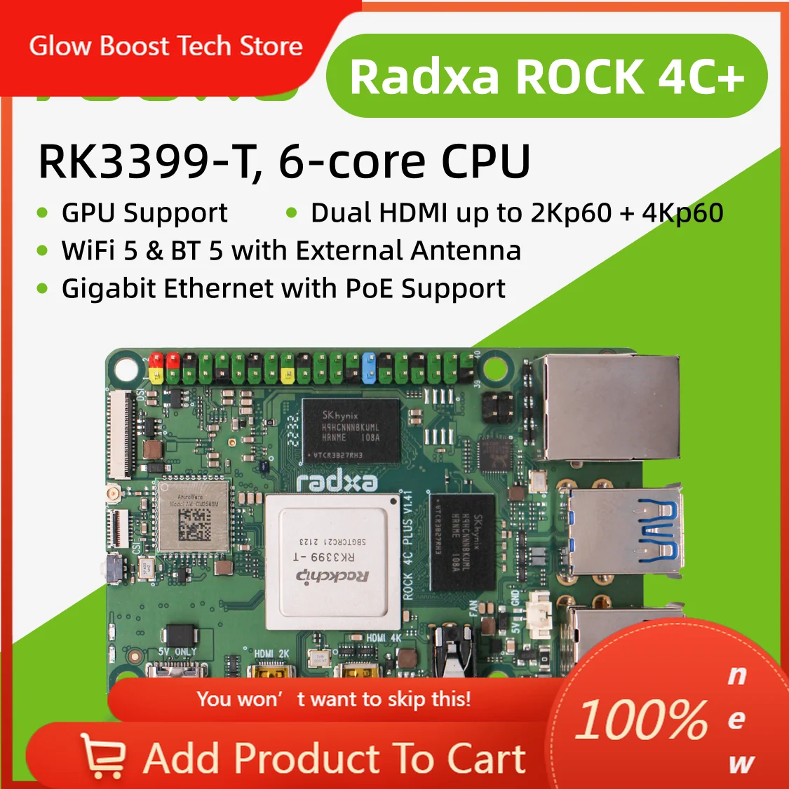 

Микрокомпьютер NYRadxa Rock 4c+ с HDMI и поддержкой 4K, процессором RK3399-T (6 ядер), Wi-Fi 5 и Gigabit Ethernet