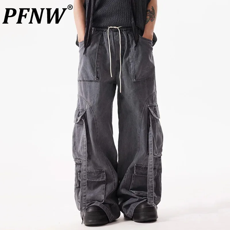 

PFNW Functional Style Men's Pants Washed Multi-pockets Drawstring Elastic Waist Loose Straight Wide Leg Male Trousers 12C1023