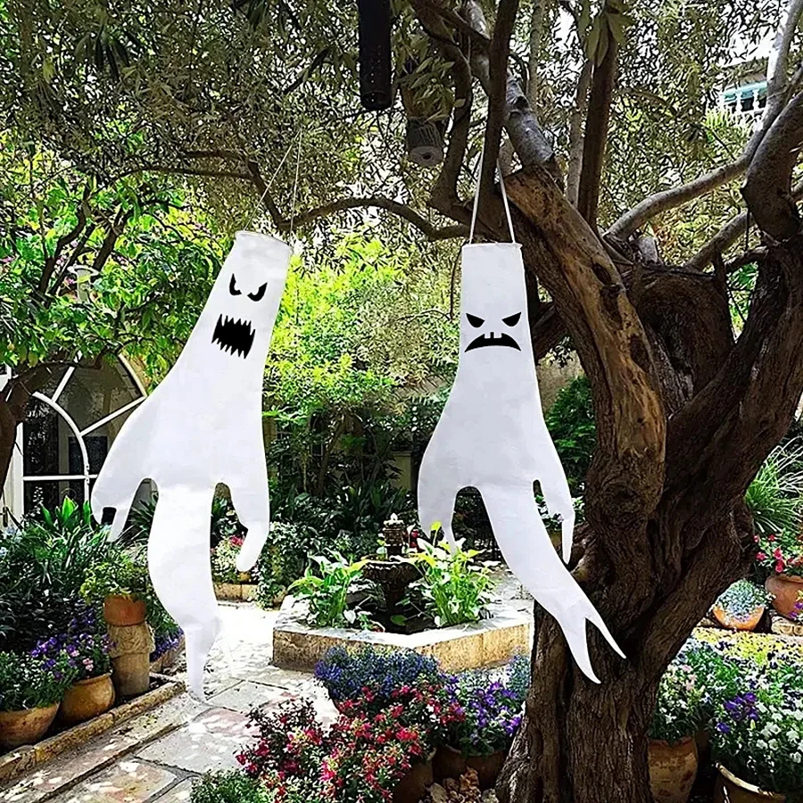 Halloween Light Ghost Windsock Flag LED Glowing Hanging Ghost Wind Sock Spooky Face Ghost Pendant Halloween Party Decoration