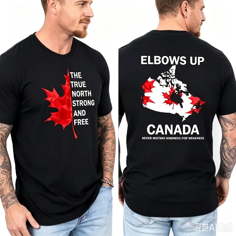 ELBOWS UP CANADA Map Maple Leaf T‑Shirt Men 100% Cotton Front Back Print Vintage Summer Short Sleeve Streetwear For Travel Trip