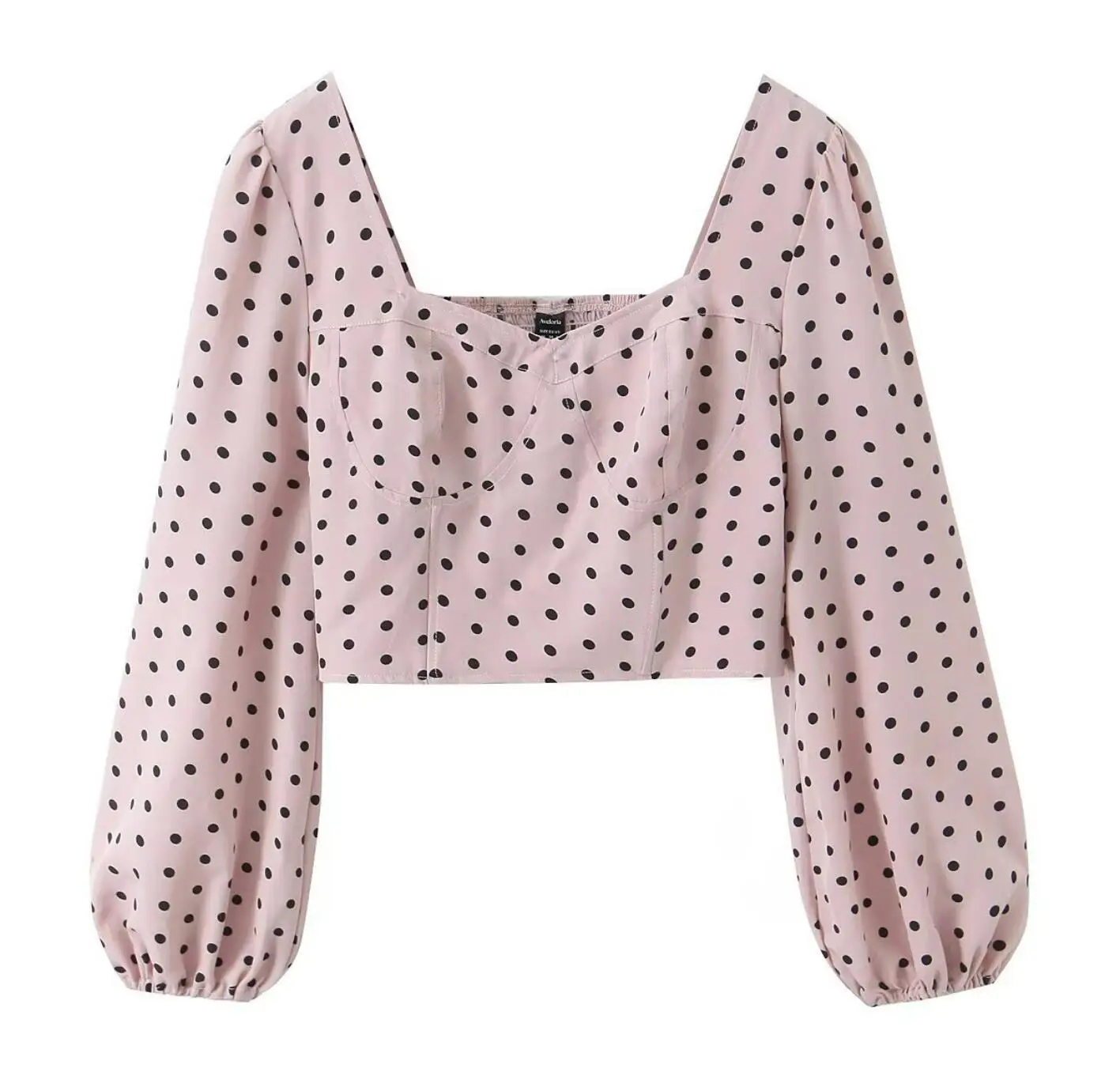 

Retro Pink With Black Polka Dot Print Square Collar Boning Shirt Women Elastic Back