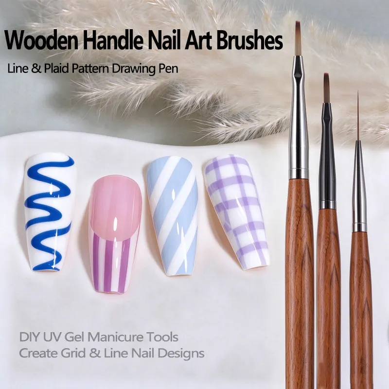 French Plaid Nail Art Brushes Set Wooden Handle Line Grid Pattern Drawing Pen for UV Gel Extension Paint Supplies Manicure Tool
