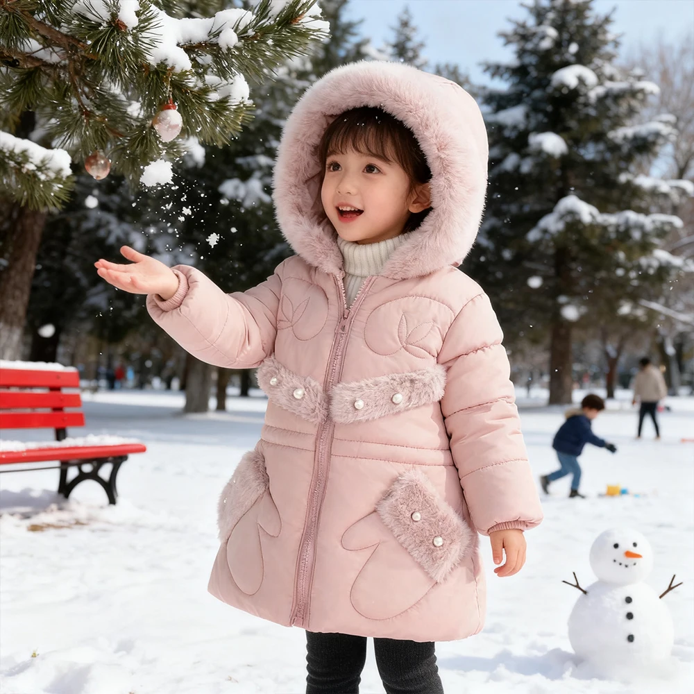 

Autumn And Winter Hooded Jacket Thickened Girls Coat Fleece Inside Pink Coats Keep Warm Princess Baby Girl Clothes Outerwear