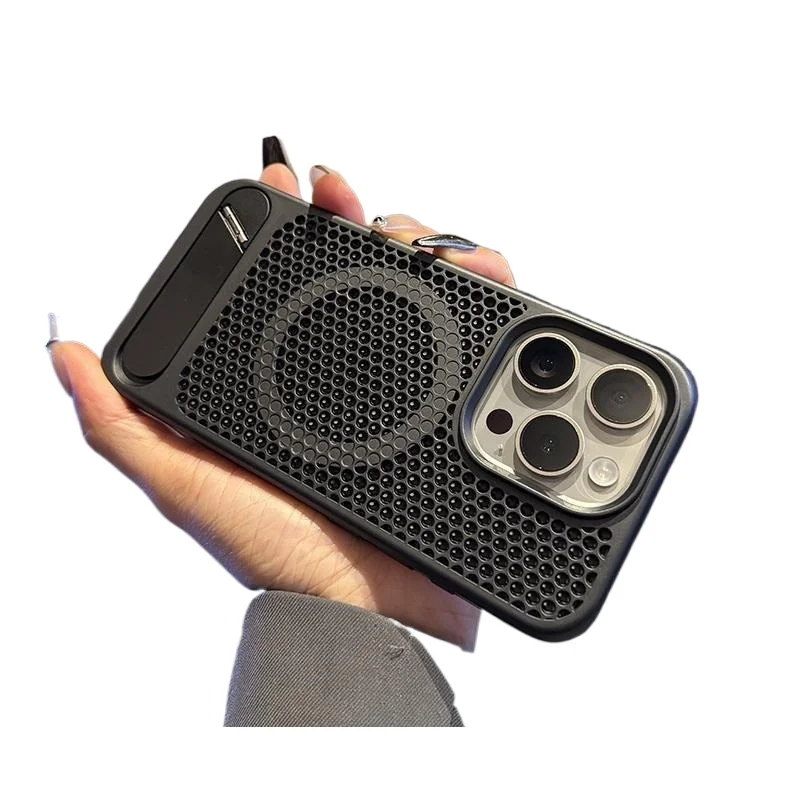 For IPhone 16plus 16pro max Hollowed-out Honeycomb Cooling Mobile Phone Case Magnetic Folding Bracket Protective Cover