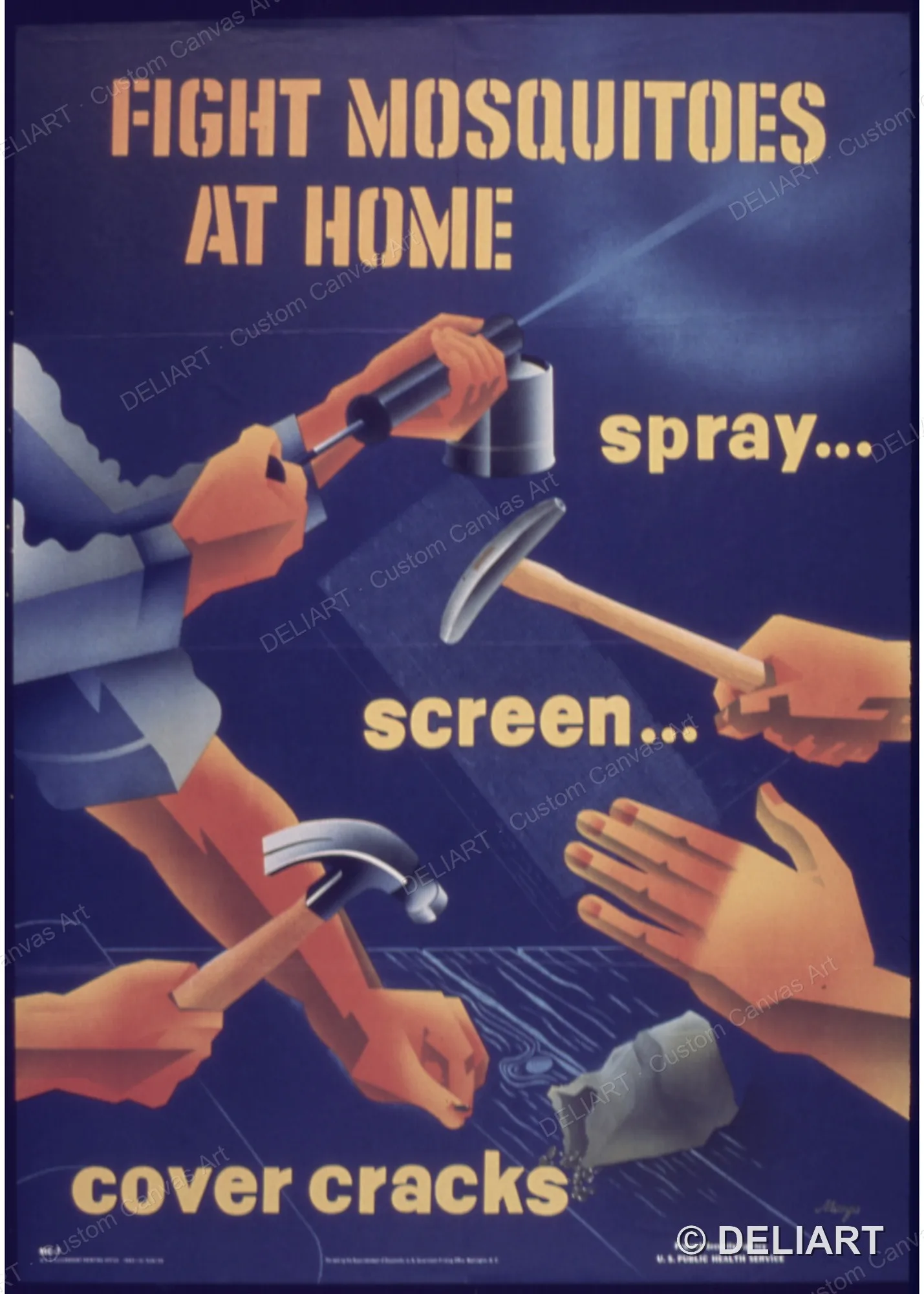 Fight Mosquitoes at Home Spray - Screen - Cover Cracks Vintage WWII Propaganda Canvas Wall Art Poster Print Home Decor Unframed