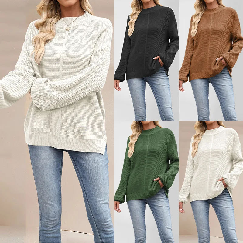 

Women Sweaters Pullovers Mock Neck Full Sleeve Solid Jumpers Y2k Streetwear Loose Elegant Splice Knit Autumn Winter 2025