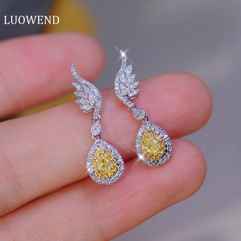 

LUOWEND 18K White Gold Earrings Real Natural Yellow Diamond Stud Earrings for Women Wedding Jewelry Fashion Angel Wings Design