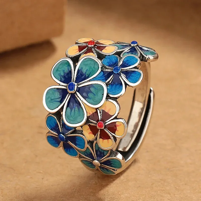 Retro Ethnic Style Flower-like Ring for Women's Glue-drop Craftsmanship Opening Niche Design Jewelry and Accessories