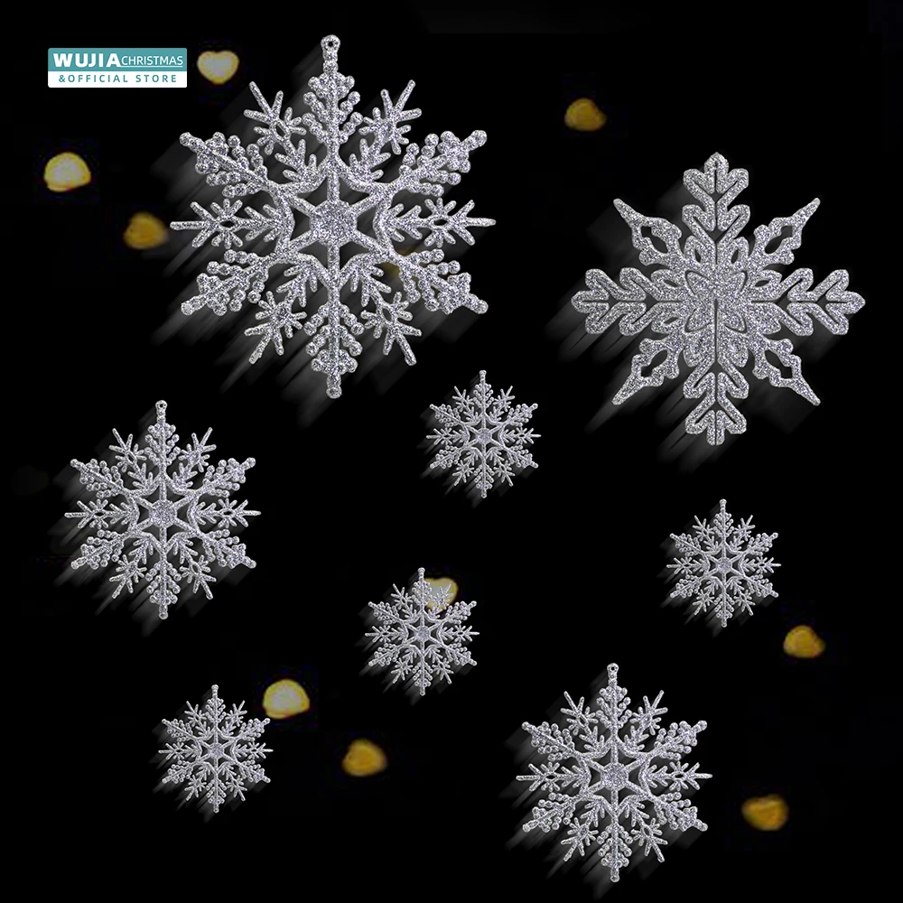 40pcs/Set Christmas Snowflake Ornaments Silver Glitter Plastic Artificial Snow Flakes Ornaments for Winter Xmas Tree Decorations