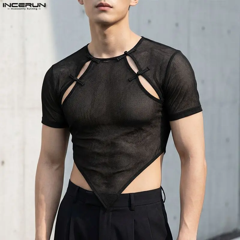 INCERUN Men's T Shirt Mesh Patchwork See Through O-neck Short Sleeve Crop Tops For Man Summer Sexy 2026 Casual Irregular Tops