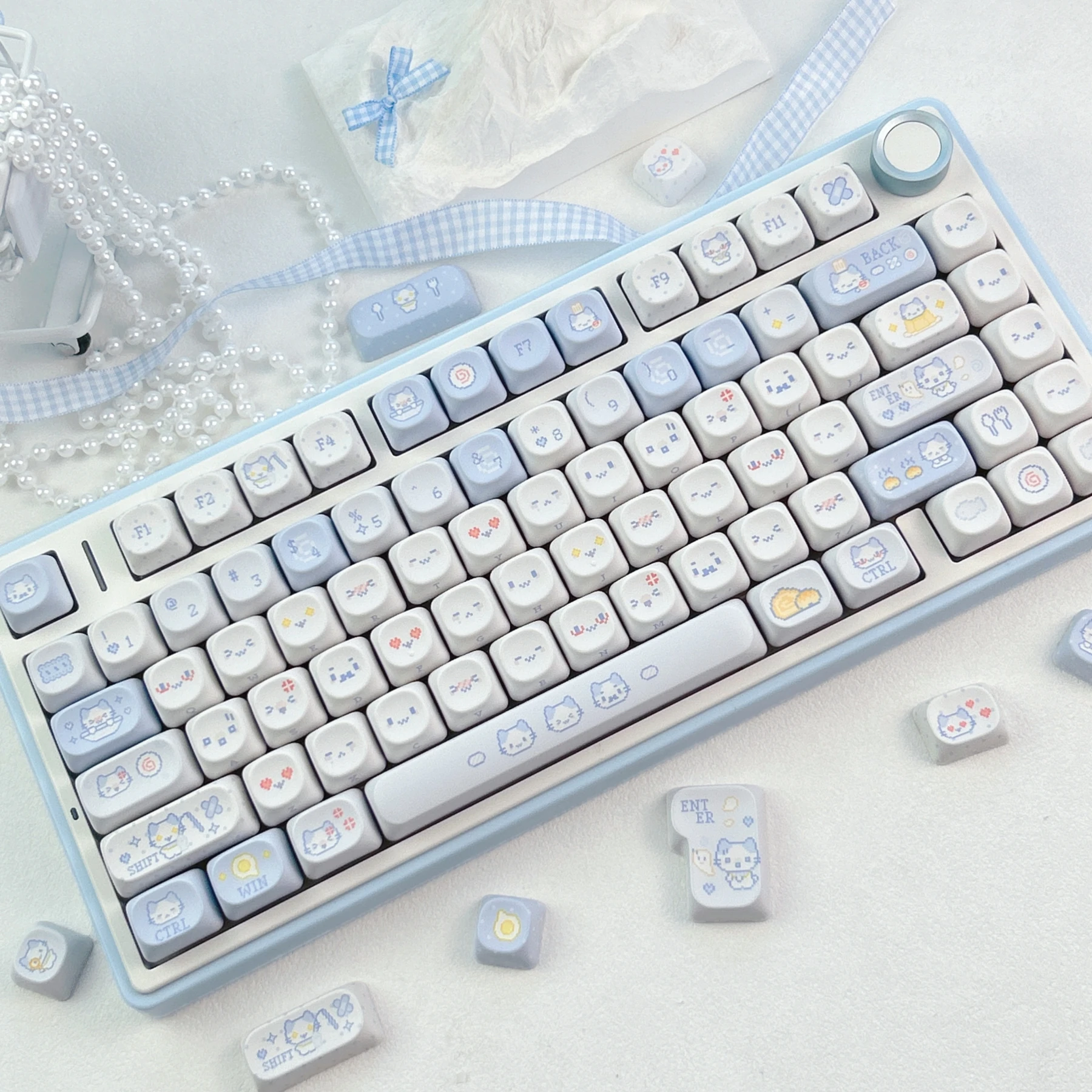 MAIMOOO Pixel Style Cat Keycap Korean Russian Thai MOA Profile PBT Blue/Pink/Red/Brown Cute Cotton Candy Kitten Keyboard Keycaps