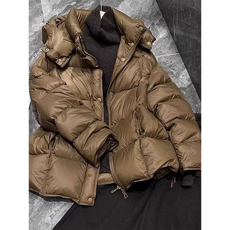 

American Design Loose Bread Sle Women's down Jaet Coffee Color Hooded Duling Women's Faion Winter Coat Straight Cut
