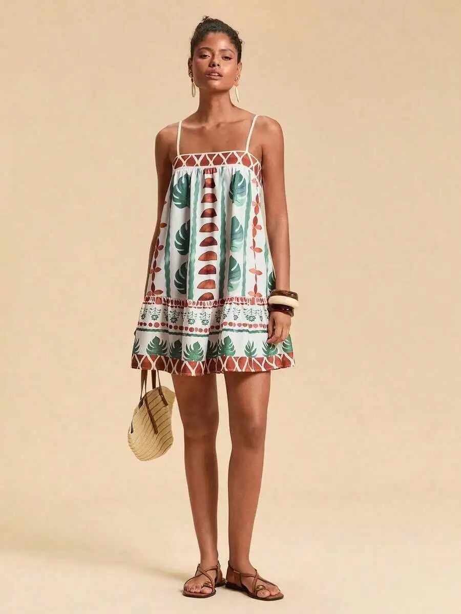 

Tropical Leaf Print Spaghetti Strap Summer Dress Women Bohemian Beach Casual Outfit