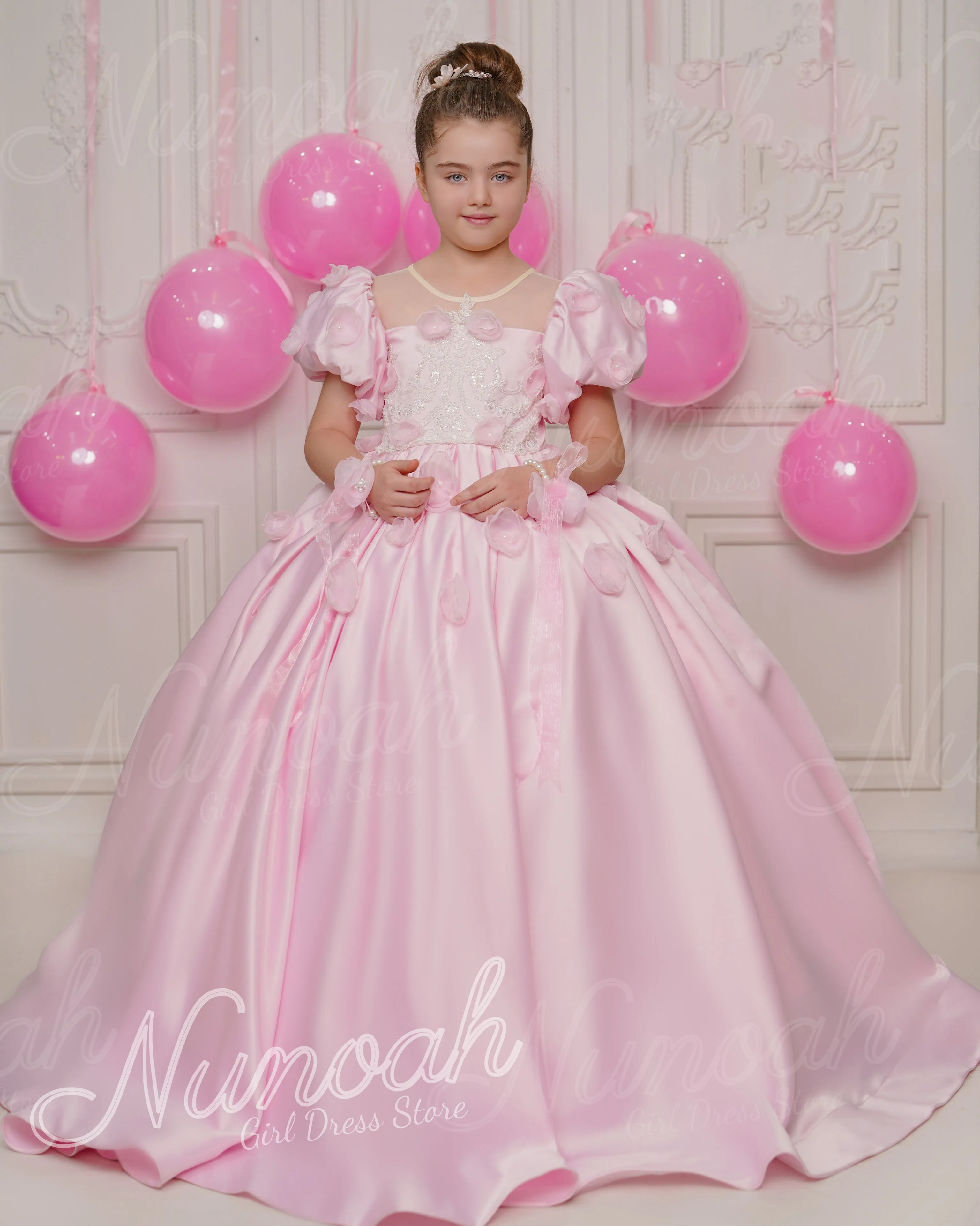 Pink Satin Flower Girl Dress For Wedding Floral Sequins Floor Length Puffy Girl Birthday Party First Communion Gowns Customized