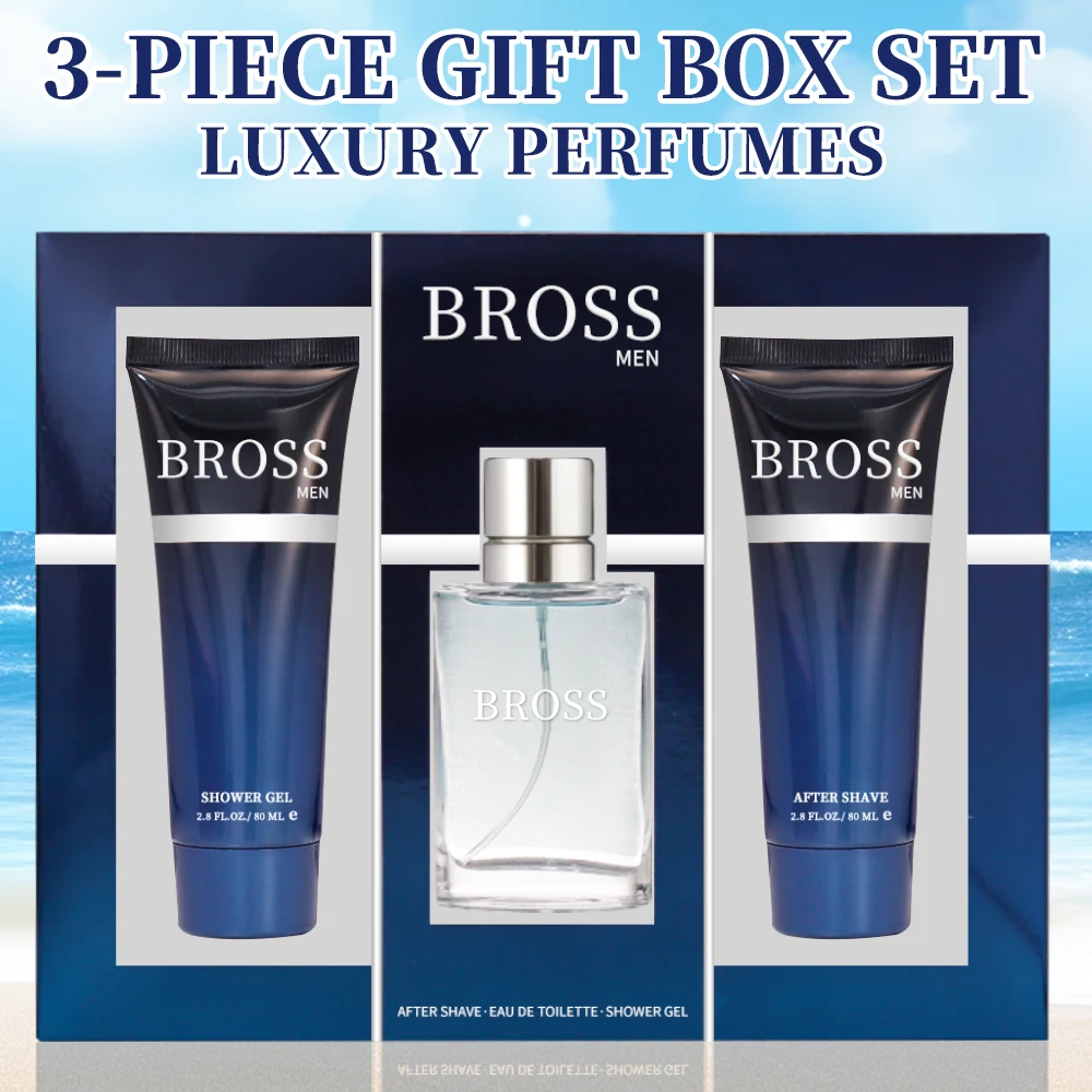 3-Piece Set Men's Eau De Toilette Spray & ShowerGel Gift Box 1.7.FL.OZ Perfume, 2.8.FL.OZ Shower Gel BROSS  Long Lasting